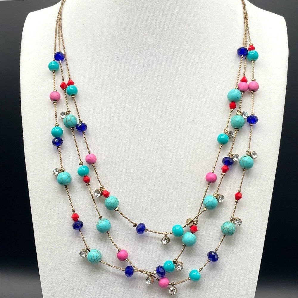 Vintage Contemporary Multicolor Lobster Chain Turquoise Triple Strand Beaded Y2K